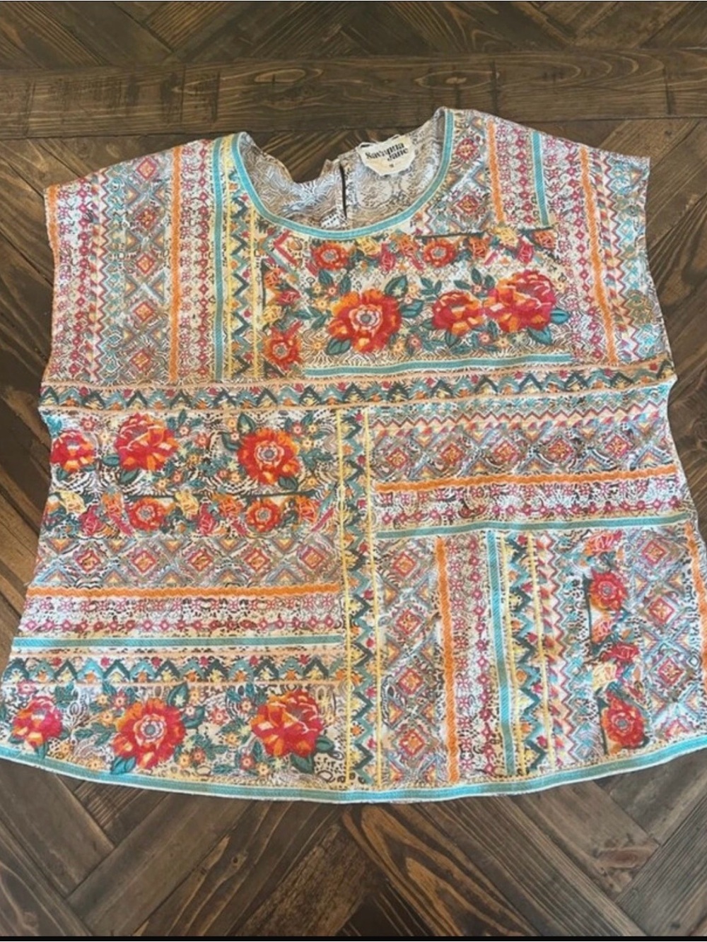 Savanna Jane Coral & Teal Floral Patchwork Cap-Sleeve Top
